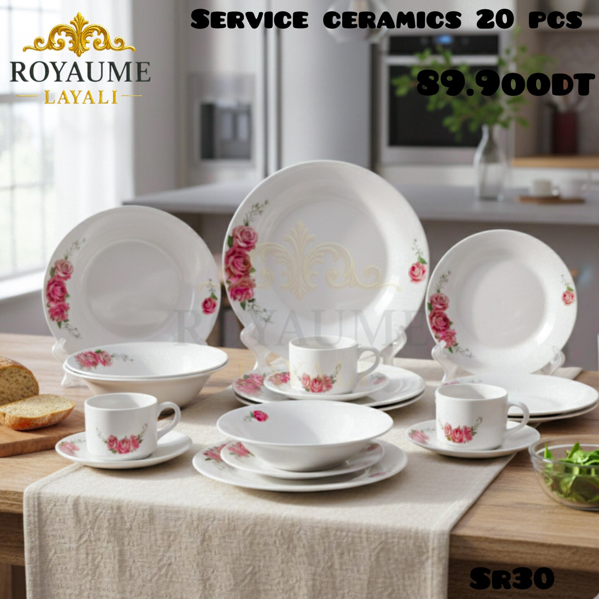 Service en céramique 20 pièces Floral rose