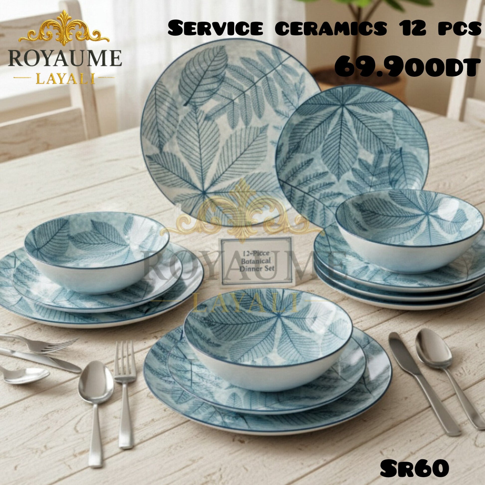 Service Ceramics botanique Blue Siel 12 pièces