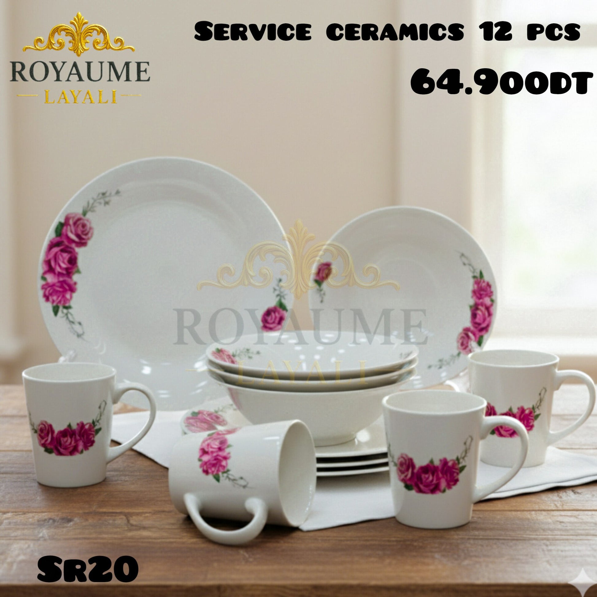 Service en céramique 12 pièces Floral rose