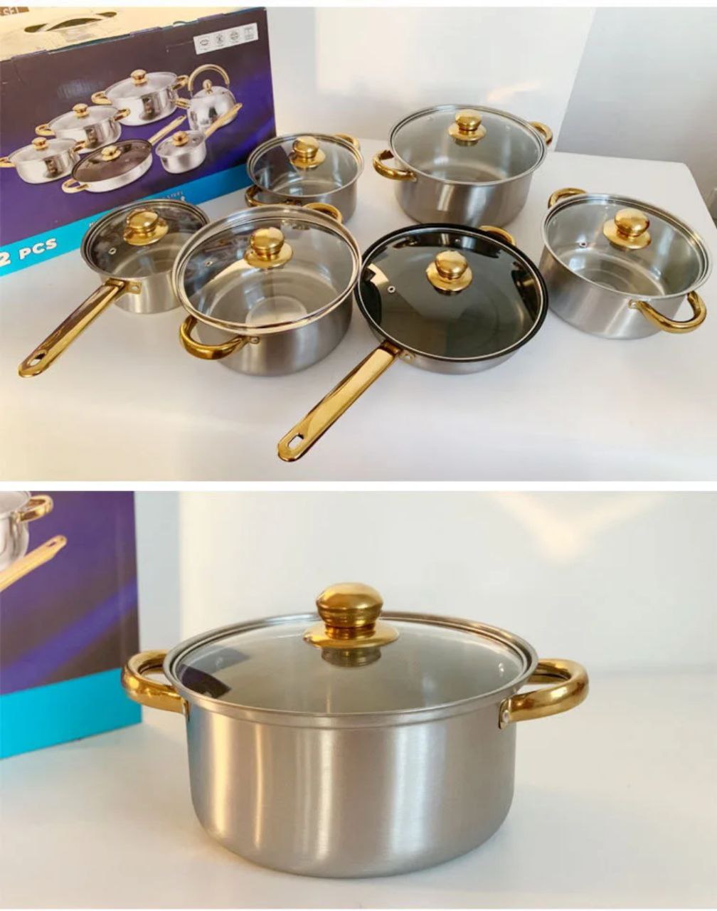 🟡 Batterie de Cuisine Inox – 12 Pièces (Poignées Dorées)