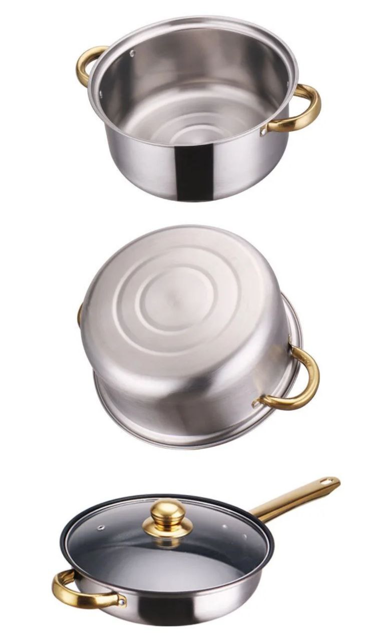 🟡 Batterie de Cuisine Inox – 12 Pièces (Poignées Dorées)