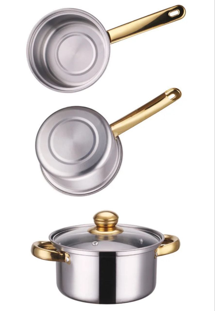 🟡 Batterie de Cuisine Inox – 12 Pièces (Poignées Dorées)