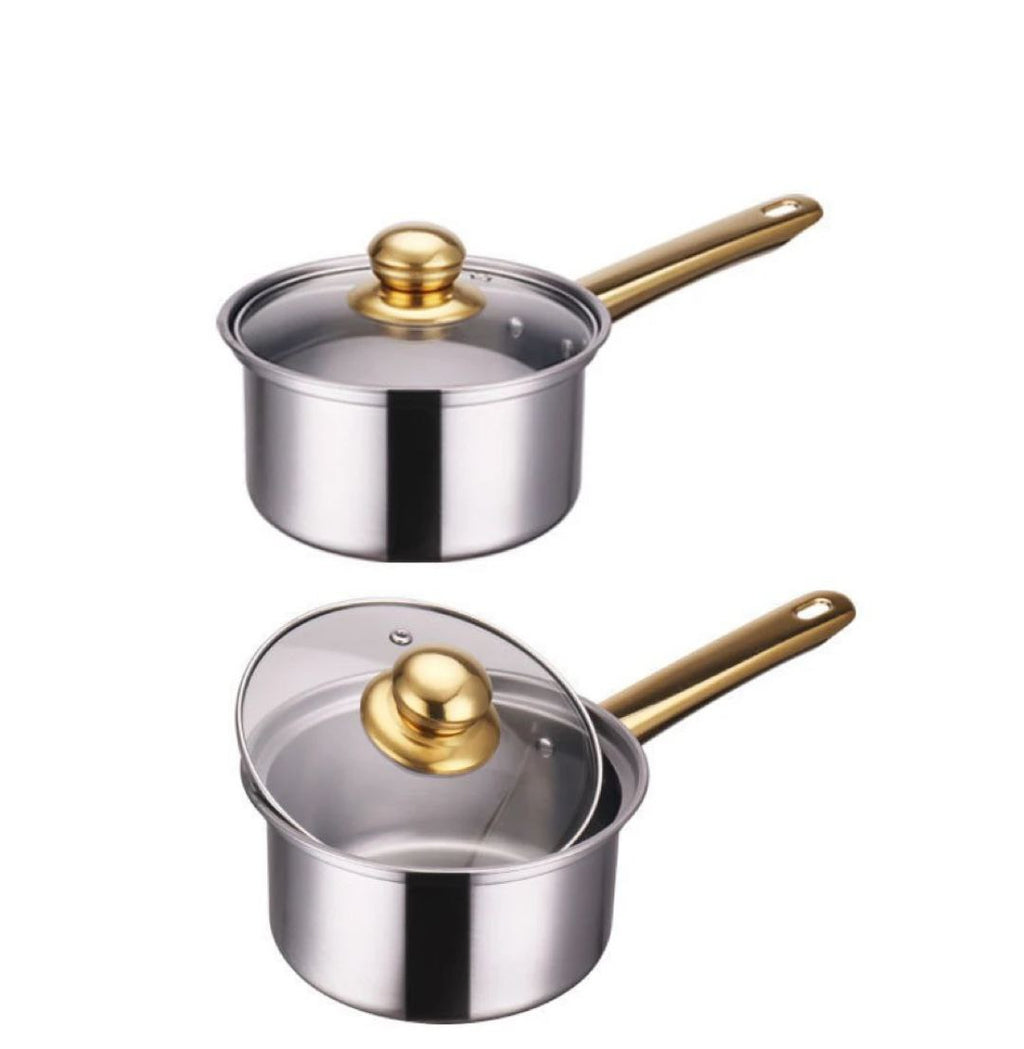 🟡 Batterie de Cuisine Inox – 12 Pièces (Poignées Dorées)