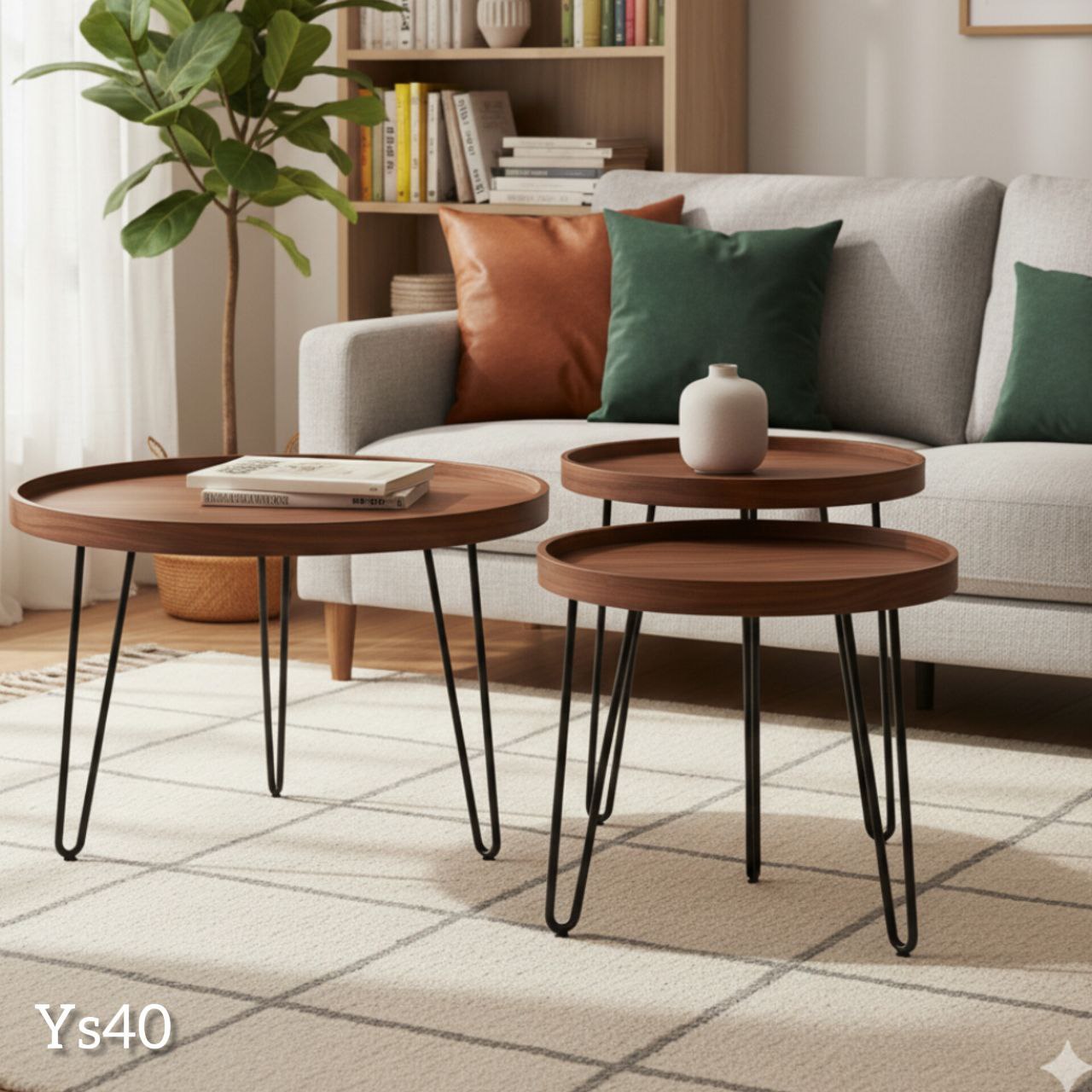 Set de 3 Tables Basses Rondes Bois & Métal – Modèle Ys40