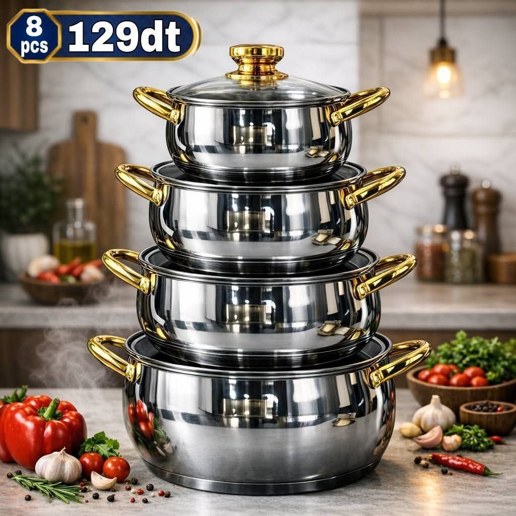 Set Faitouts Inox Premium 8 Pièces – Design Luxe Poignées Dorées
