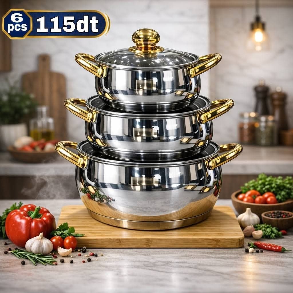 Set Faitouts Inox Premium 8 Pièces – Design Luxe Poignées Dorées
