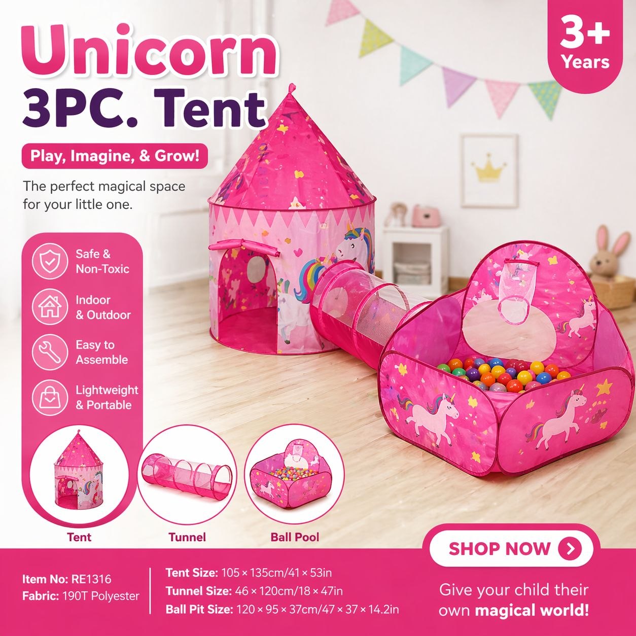 Tent Unicorn 3Pcs   – Aire de jeu magique