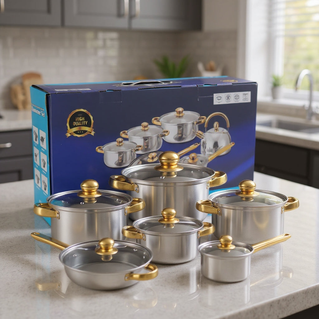 🟡 Batterie de Cuisine Inox – 12 Pièces (Poignées Dorées)