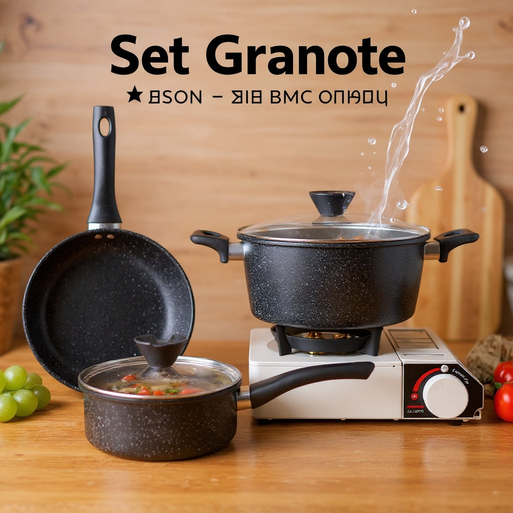Batterie de Cuisine 5 Pièces – Casseroles & 2 Poêle En Granite