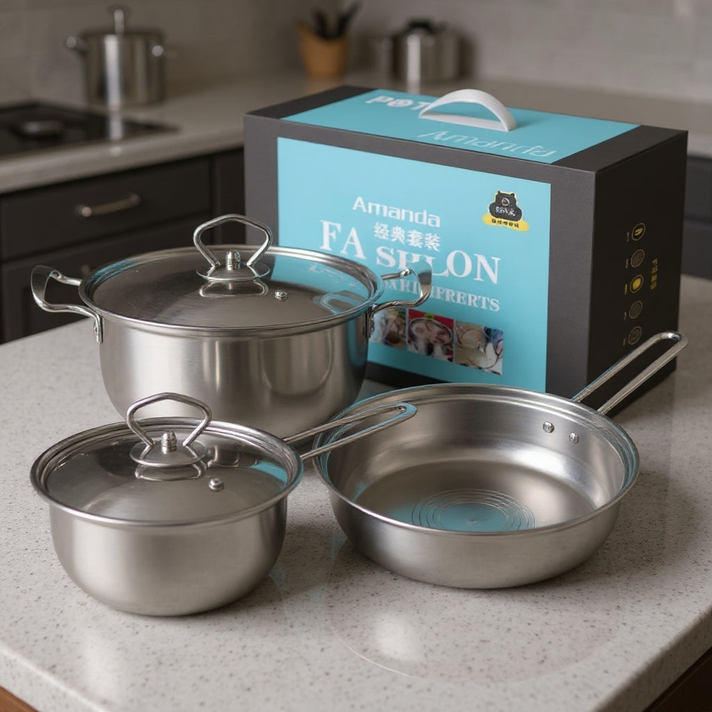 Set de Cuisine Inox 5 Pièces – 2 Faitous  et Poêle avec Couvercles inoxydable