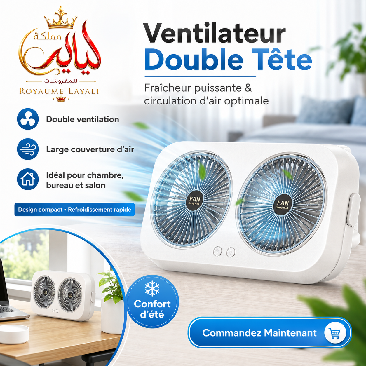 Ventilateur Double Tête Compact rechargable