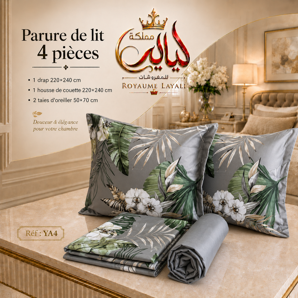 Parure de Lit 4 Pièces  – Dispo en 2 Places / 1 Place et Demi