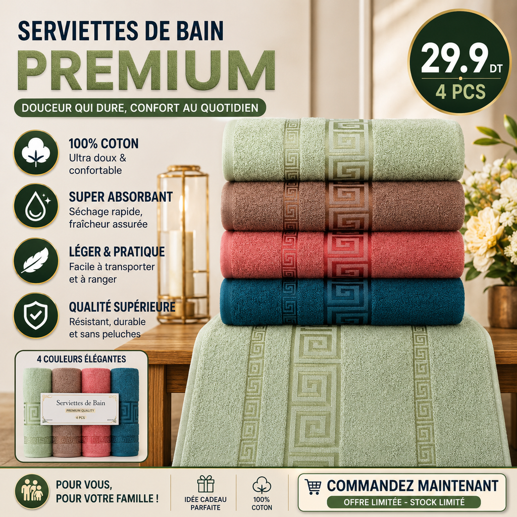 🛁✨ SERVIETTES DE BAIN PREMIUM 4 Pcs – 90×50 cm