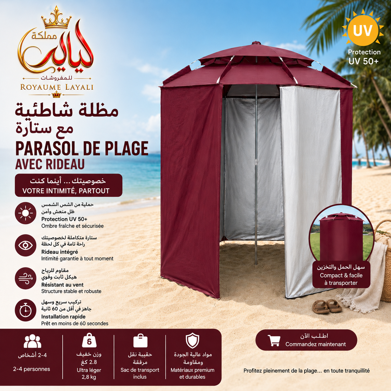 Parasol Cabine Portable UPF 50+ 3m/3m