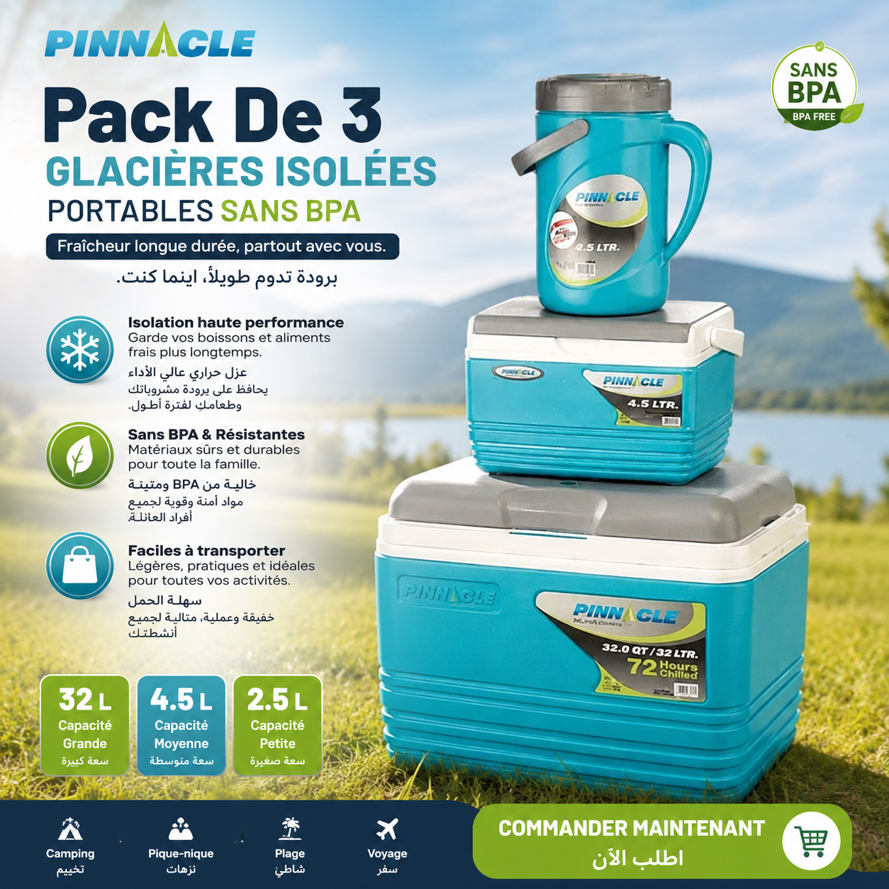 PINNACLE Pack De 3 Glacières Isolées Portables Sans BPA - 32 L / 4.5 L / 2 L