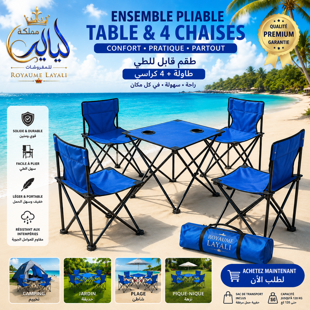Set Table + 4 Chaises de Plage Pliable