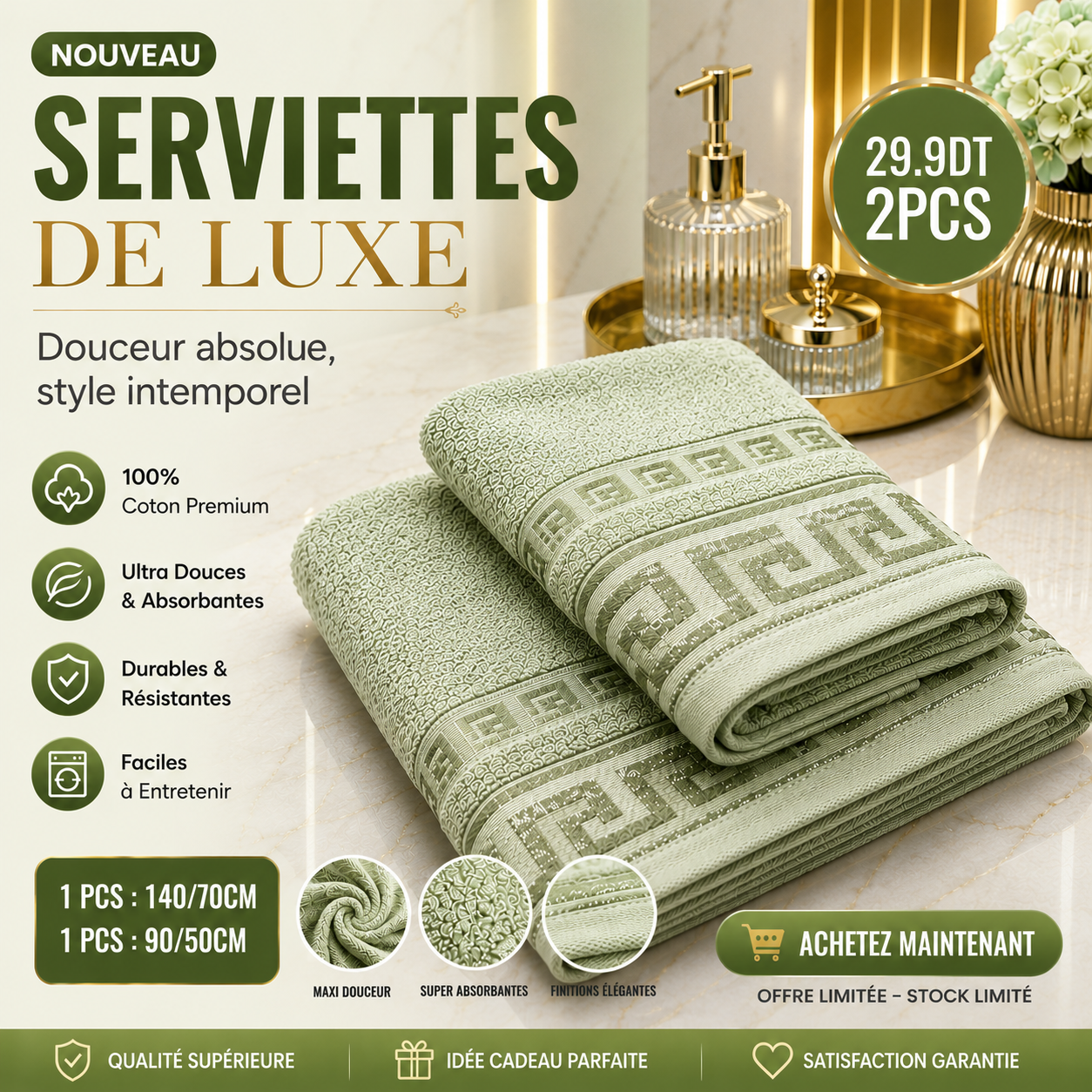 🛁✨ SERVIETTES DE BAIN PREMIUM – 2Pcs 140×70 cm -90×50 cm