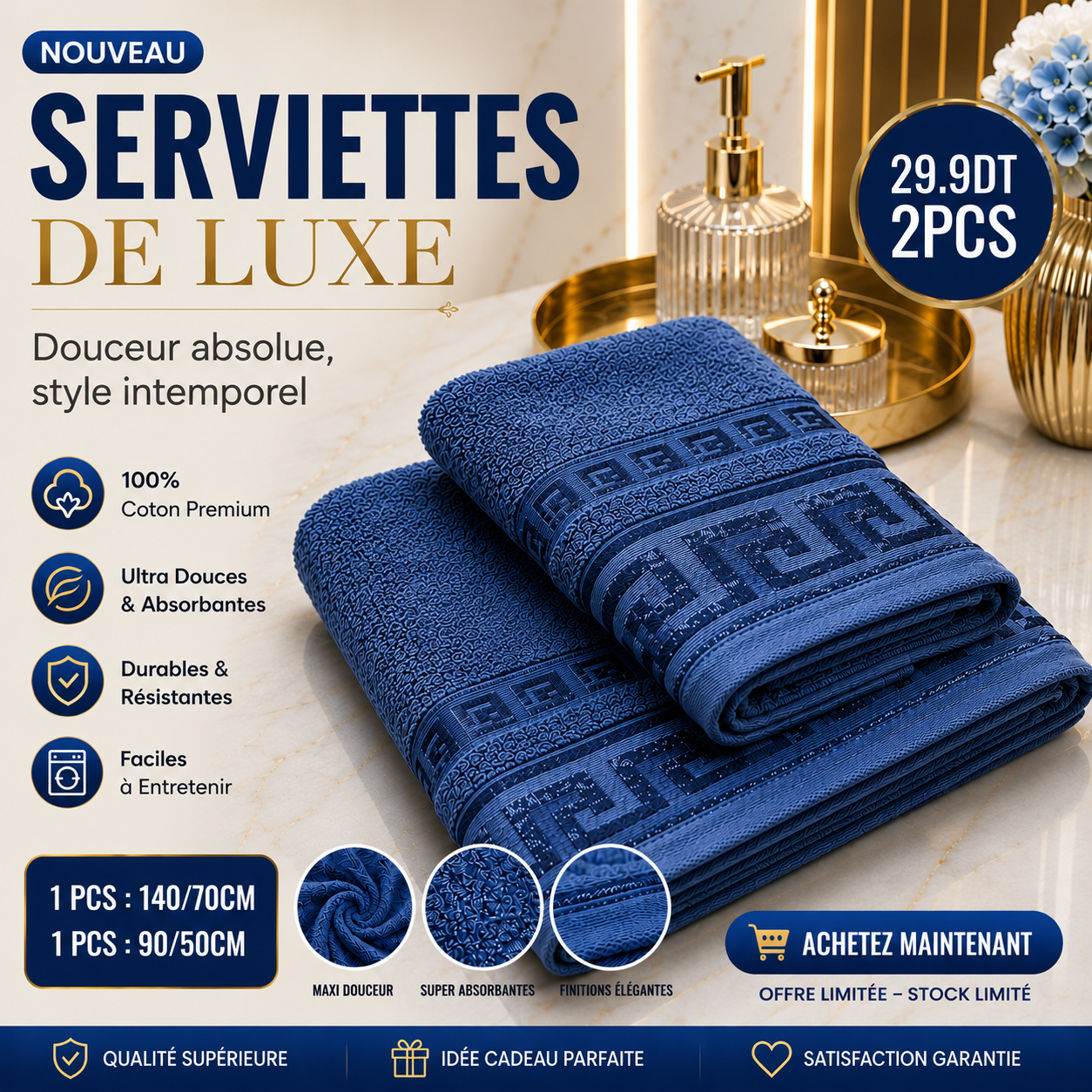 🛁✨ SERVIETTES DE BAIN PREMIUM – 2Pcs 140×70 cm -90×50 cm