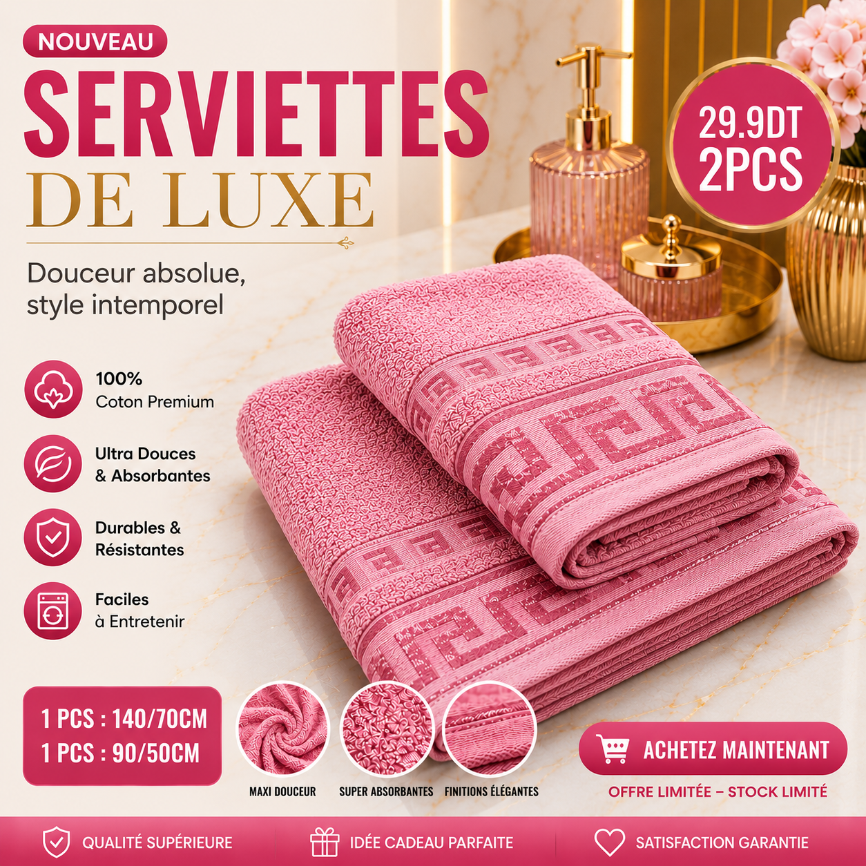 🛁✨ SERVIETTES DE BAIN PREMIUM – 2Pcs 140×70 cm -90×50 cm