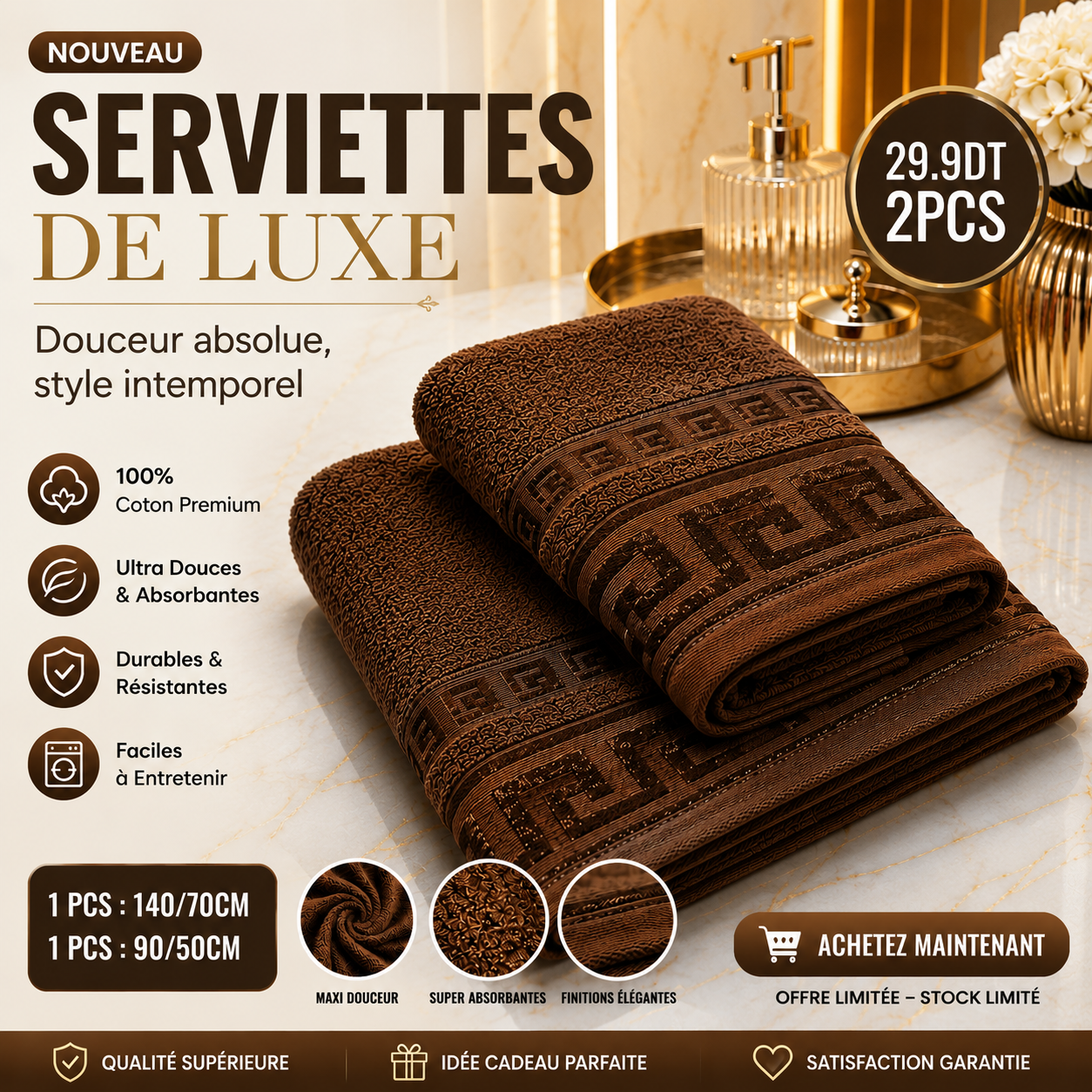 🛁✨ SERVIETTES DE BAIN PREMIUM – 2Pcs 140×70 cm -90×50 cm