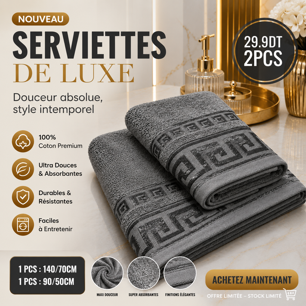 🛁✨ SERVIETTES DE BAIN PREMIUM – 2Pcs 140×70 cm -90×50 cm