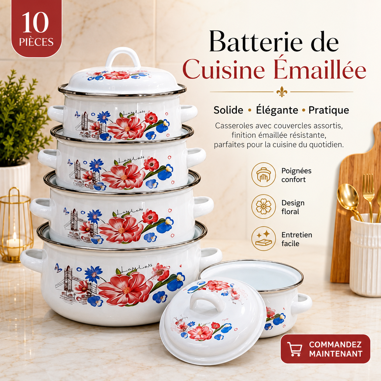 Set de Casseroles Émaillées 10 Pièces avec Couvercles