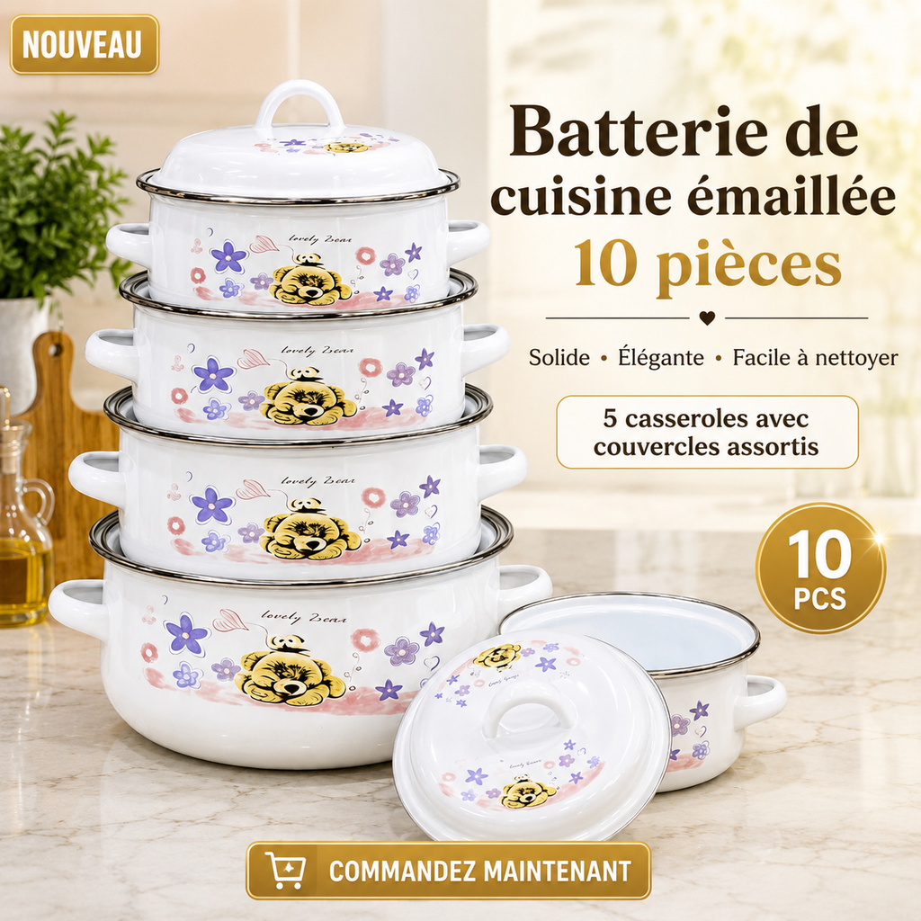 Set de Casseroles Émaillées 10 Pièces avec Couvercles