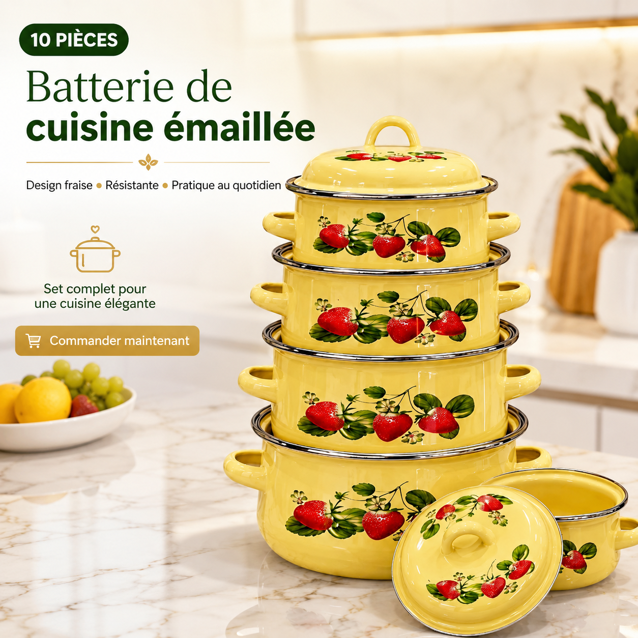 Set de Casseroles Émaillées 10 Pièces avec Couvercles