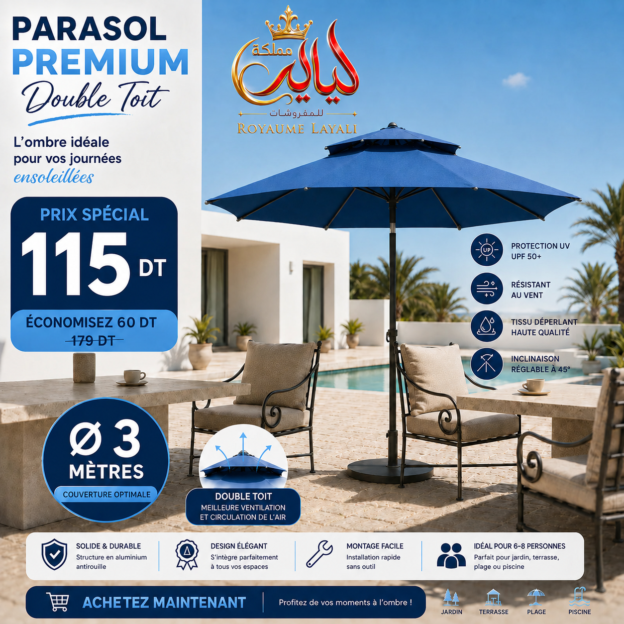 Parasol Patio Premium UPF 50+ 3m/3m