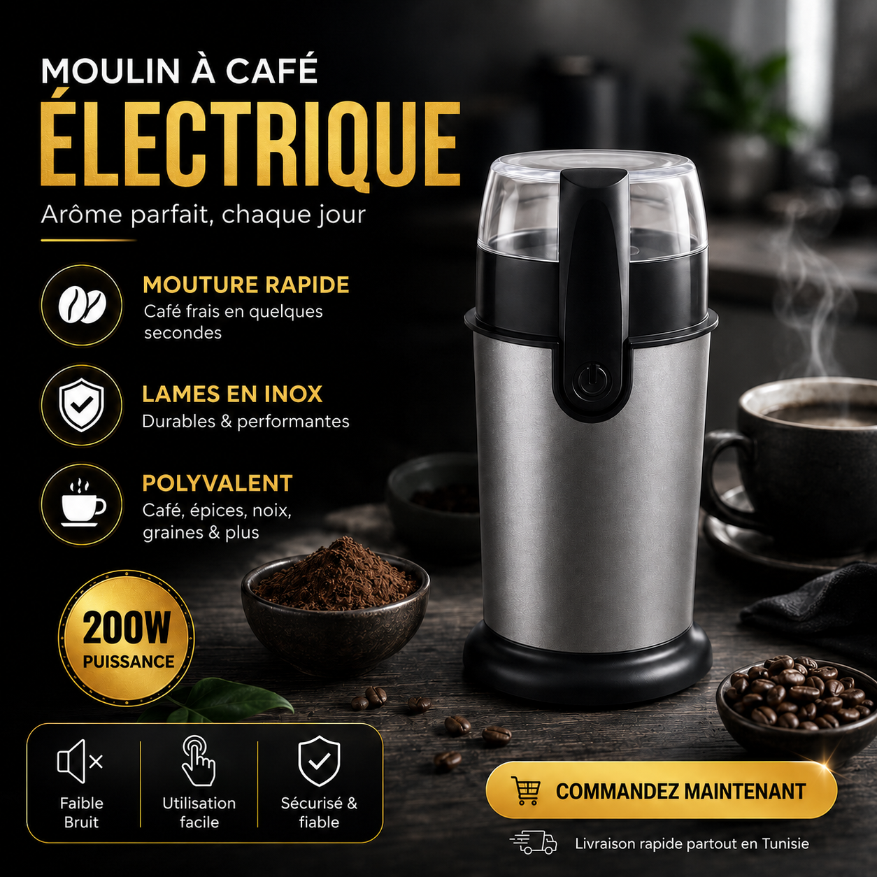 GrindMaster Pro 200W – Moulin à Café Électrique