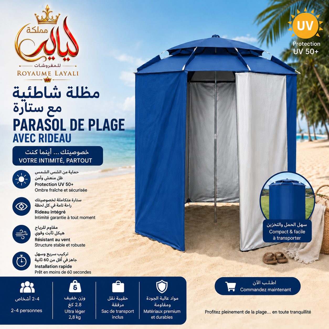 Parasol Cabine Portable UPF 50+ 3m/3m