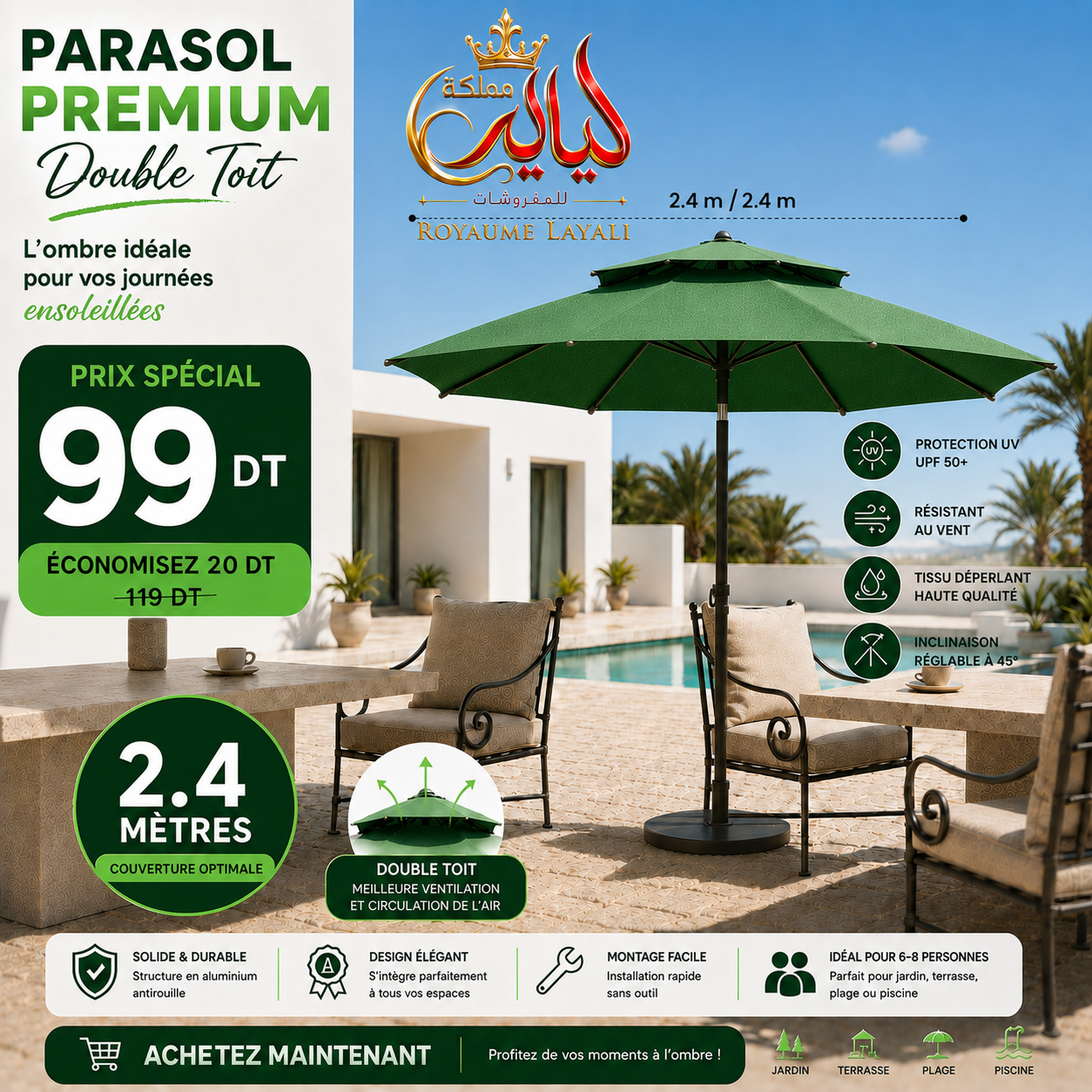 Parasol Patio Premium UPF 50+ 2.4m/2.4m