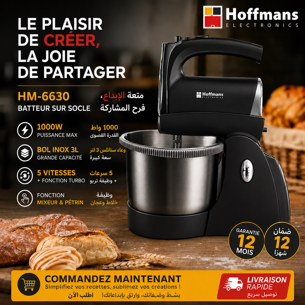 🥖✨ Hoffmans — Mixeur & Pétrin Sur Socle 1000W