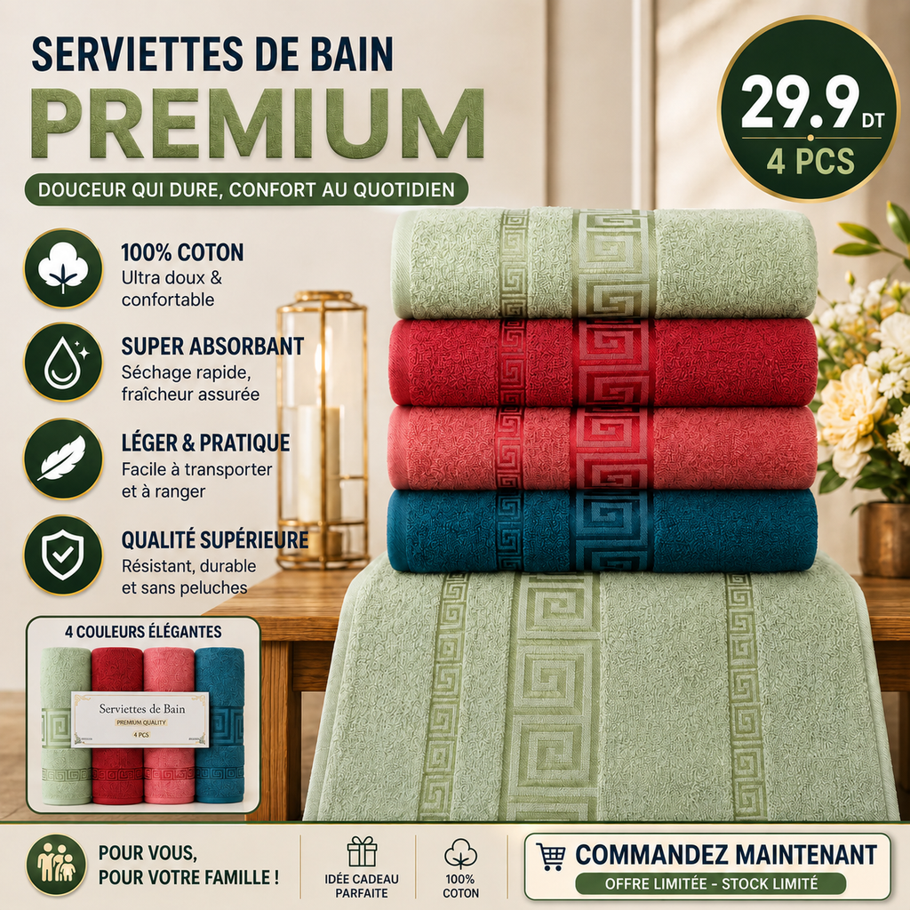 🛁✨ SERVIETTES DE BAIN PREMIUM 4 Pcs – 90×50 cm