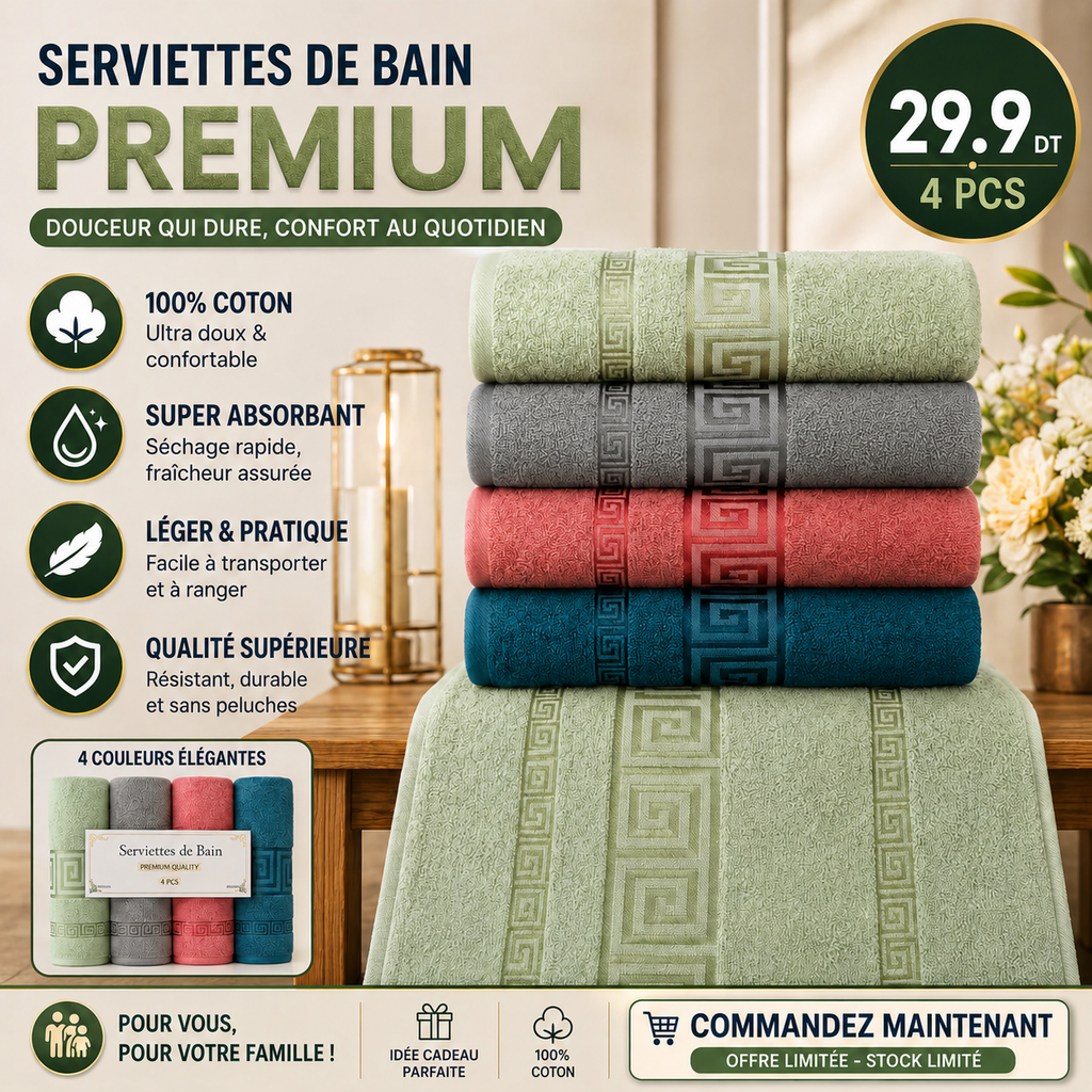 🛁✨ SERVIETTES DE BAIN PREMIUM 4 Pcs – 90×50 cm