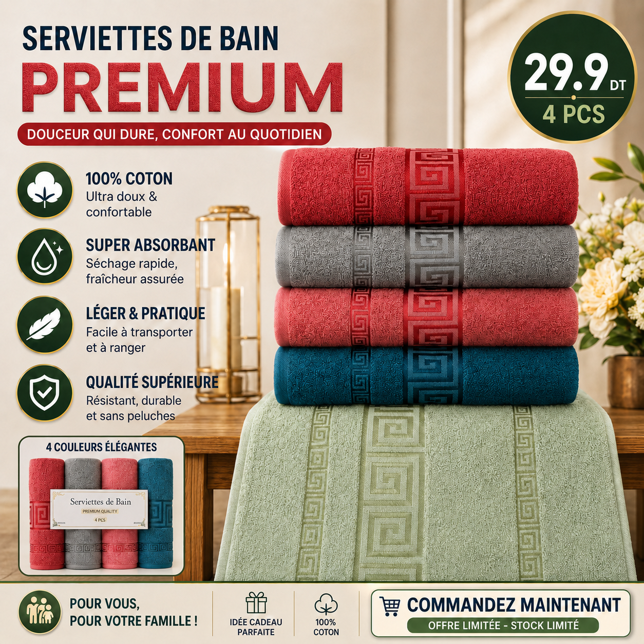 🛁✨ SERVIETTES DE BAIN PREMIUM 4 Pcs – 90×50 cm