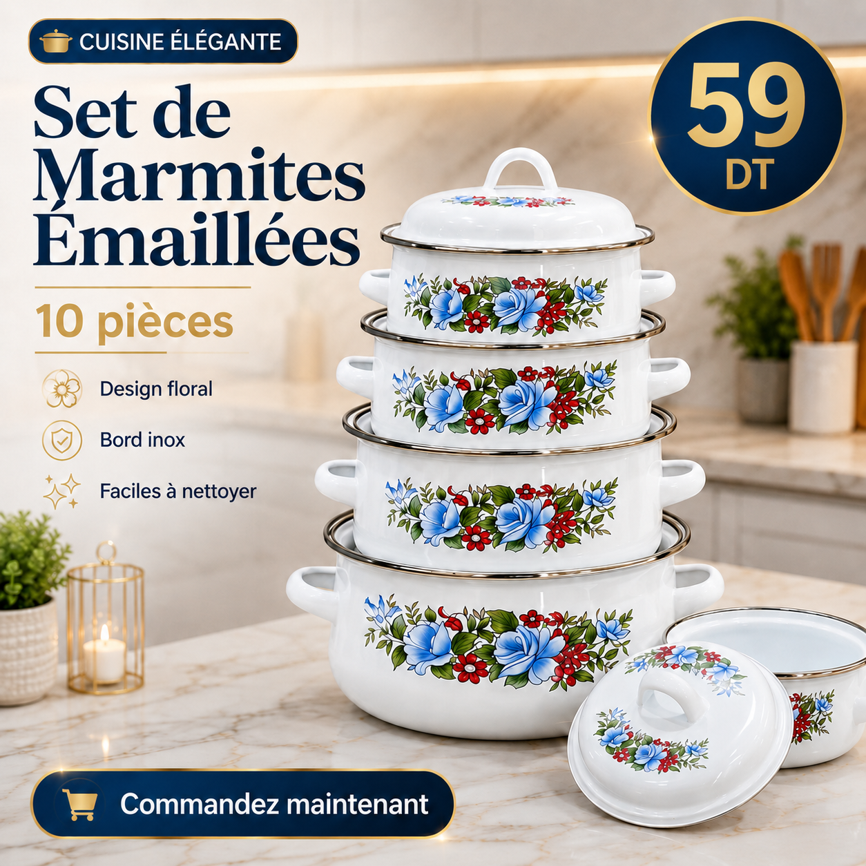 Set de Casseroles Émaillées 10 Pièces avec Couvercles