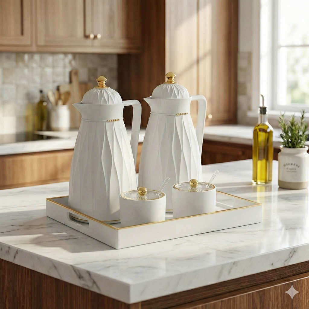 ☕ Service Thermos de Luxe – Noir / Blanc & Or (Set Complet) 5 Pcs