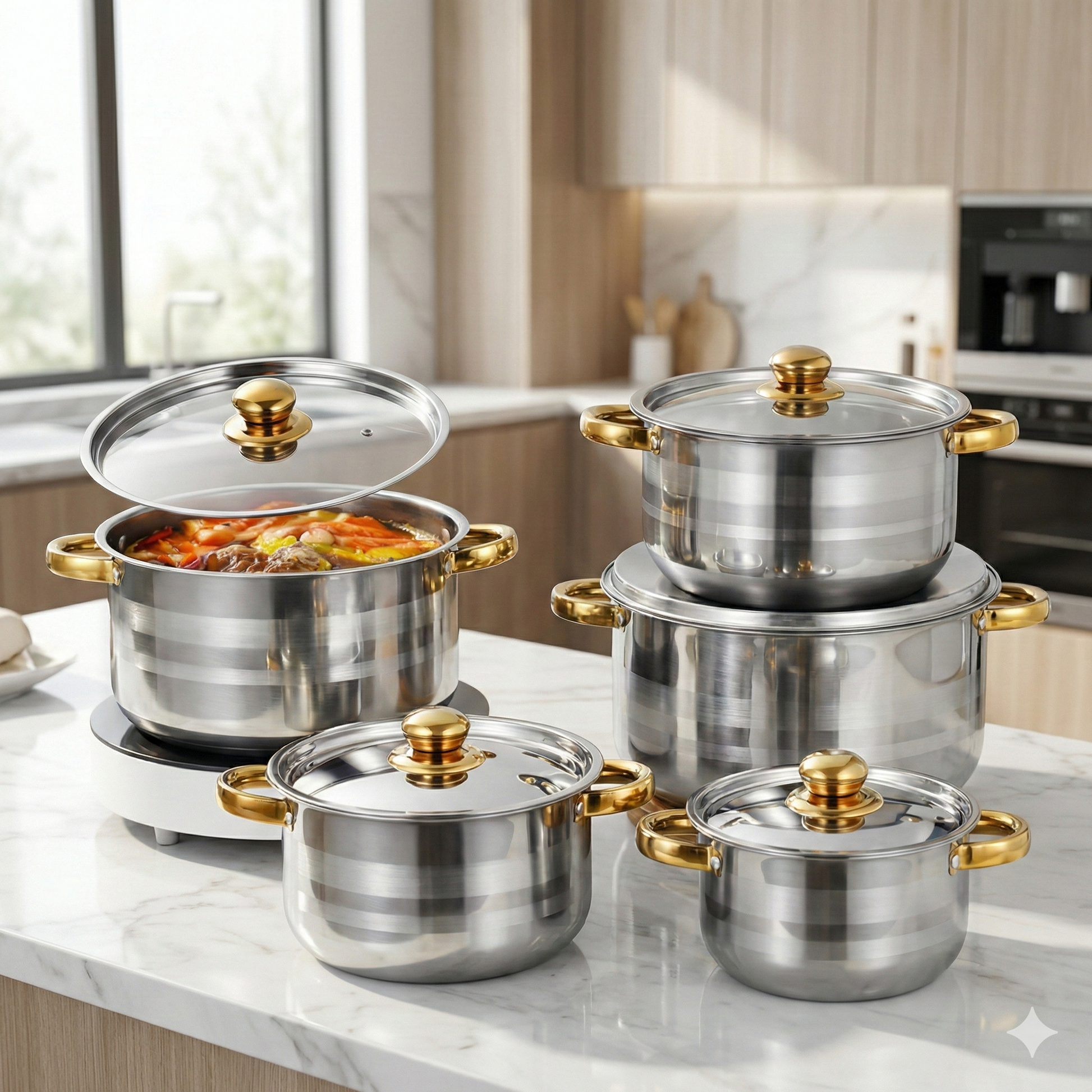 Set Marmites Inox 10 Pièces – Avec Touch dore