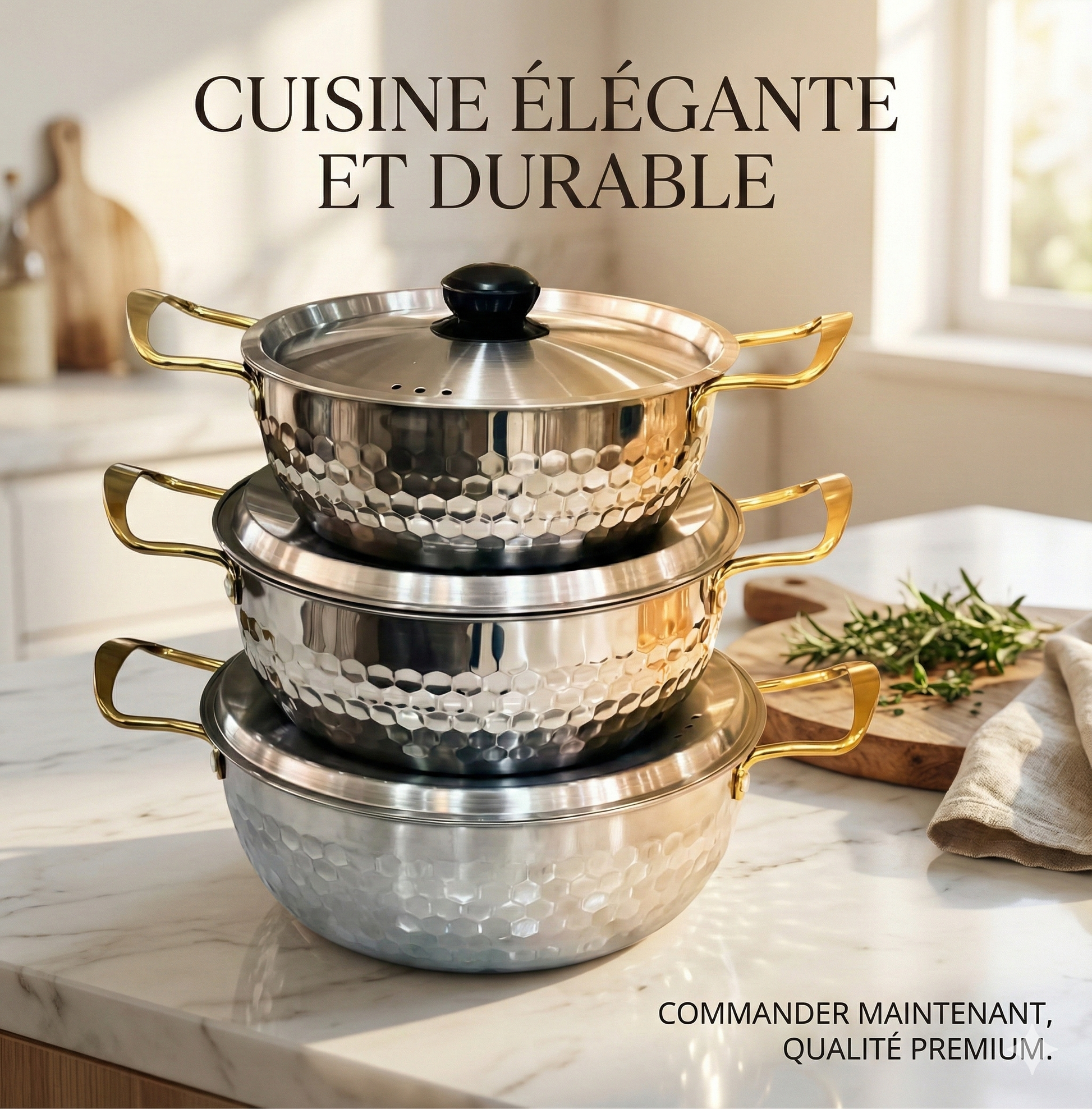 Set 3  Faitouts Inox Martelé