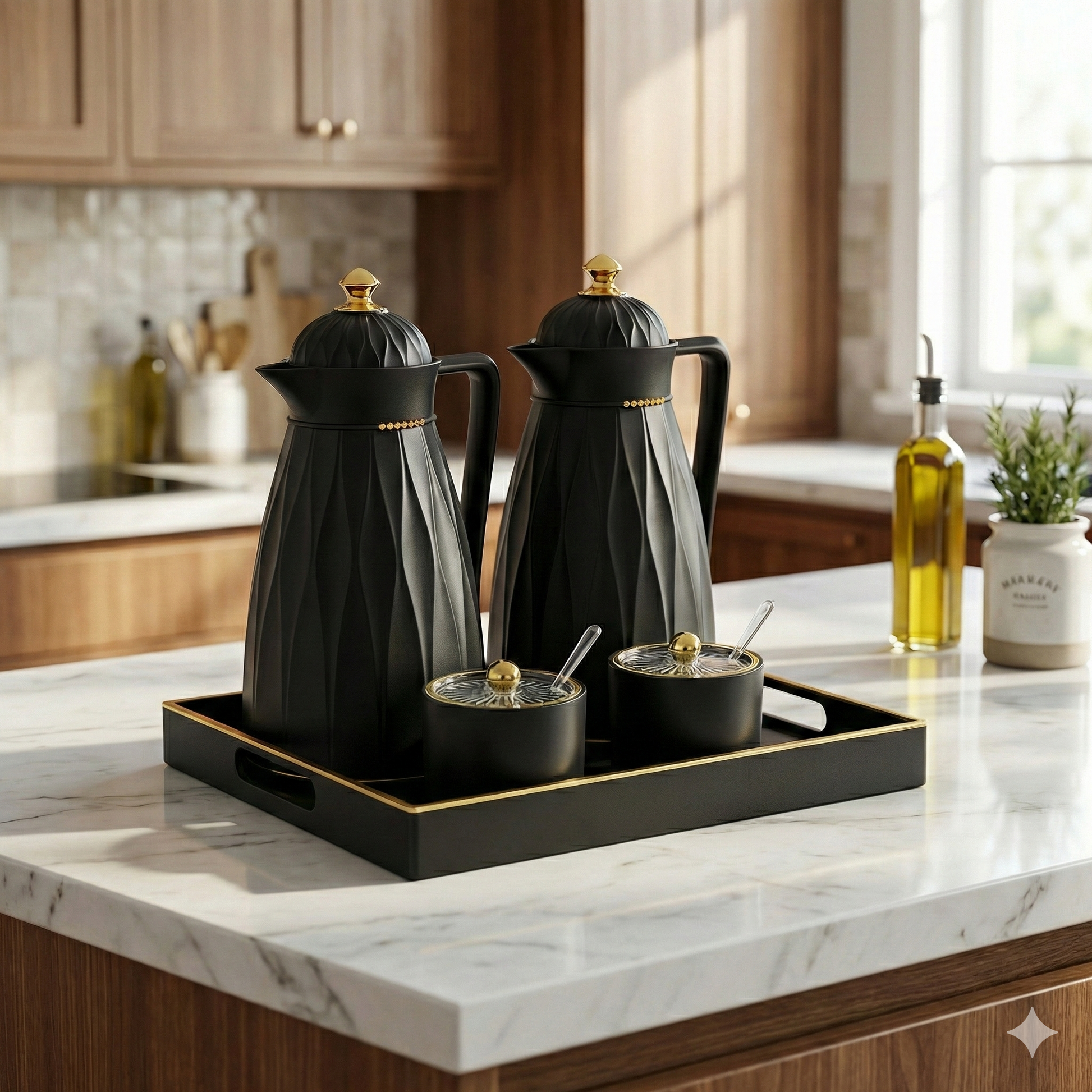 ☕ Service Thermos de Luxe – Noir / Blanc & Or (Set Complet) 5 Pcs