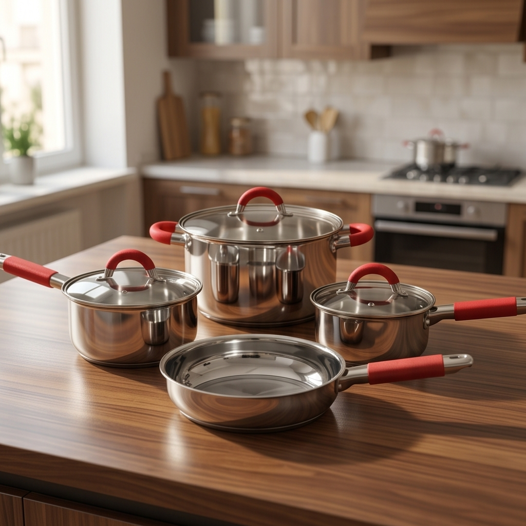Set Faitouts et caseroles  Inox Premium 8 Pièces Poignées Rouge