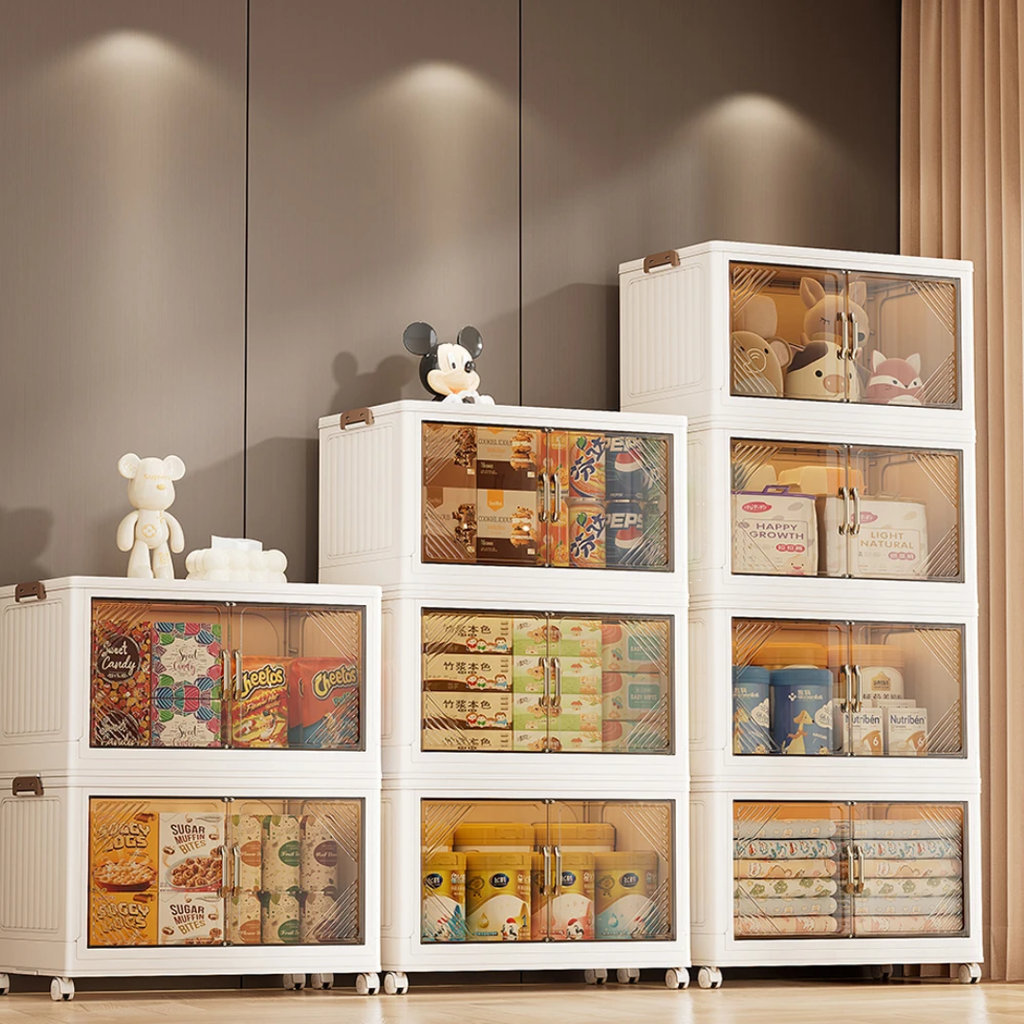 Armoire modulable à 5 niveaux avec portes transparentes et roulettes pivotantes