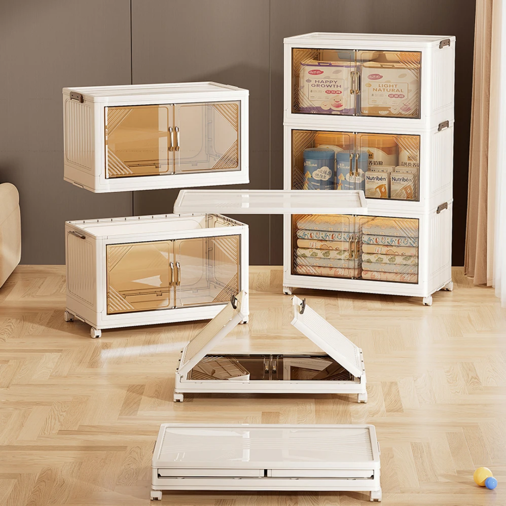 Armoire modulable à 5 niveaux avec portes transparentes et roulettes pivotantes