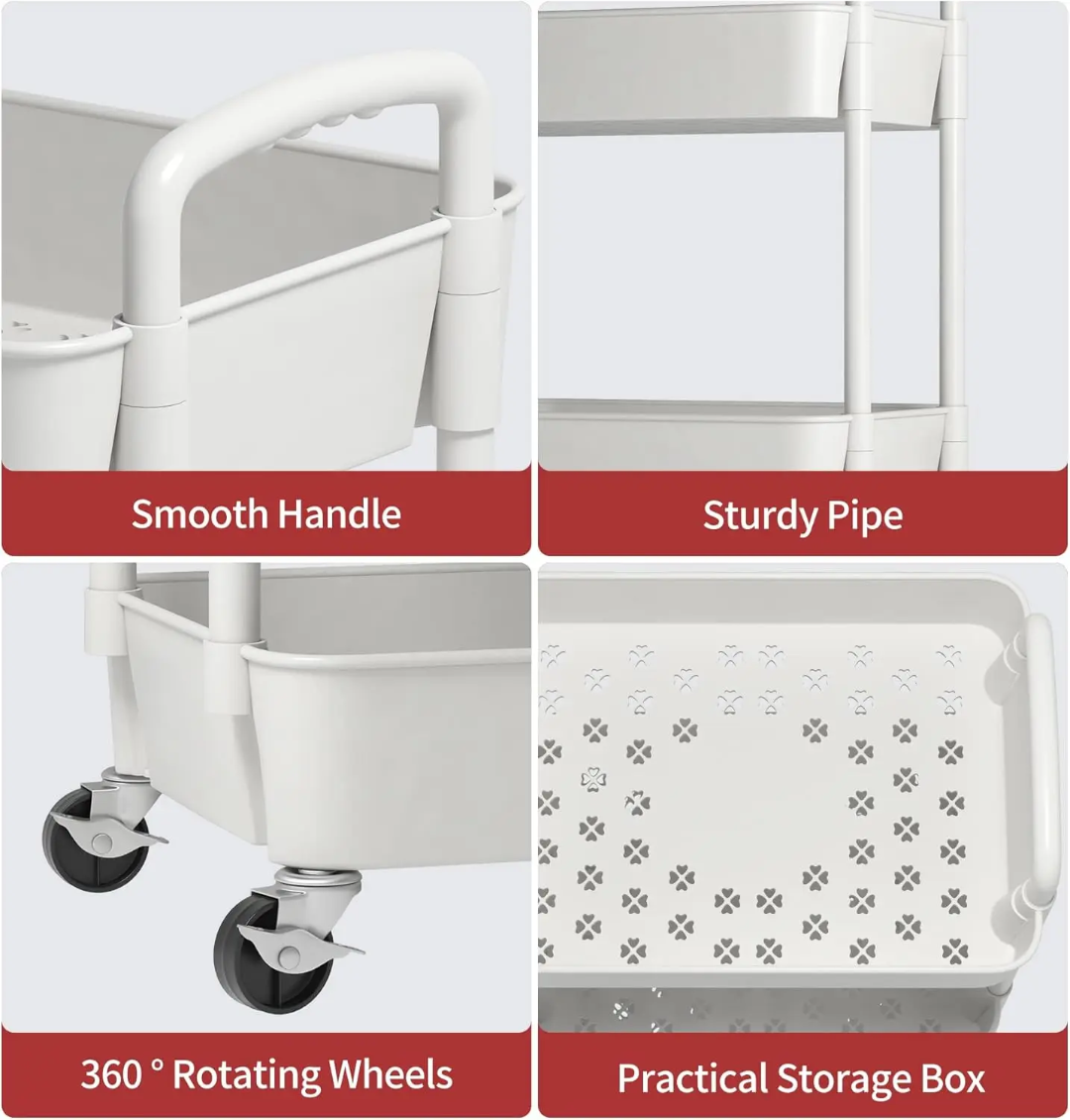 Étagère roulante à 4 niveaux – avec crochets et roues pivotantes