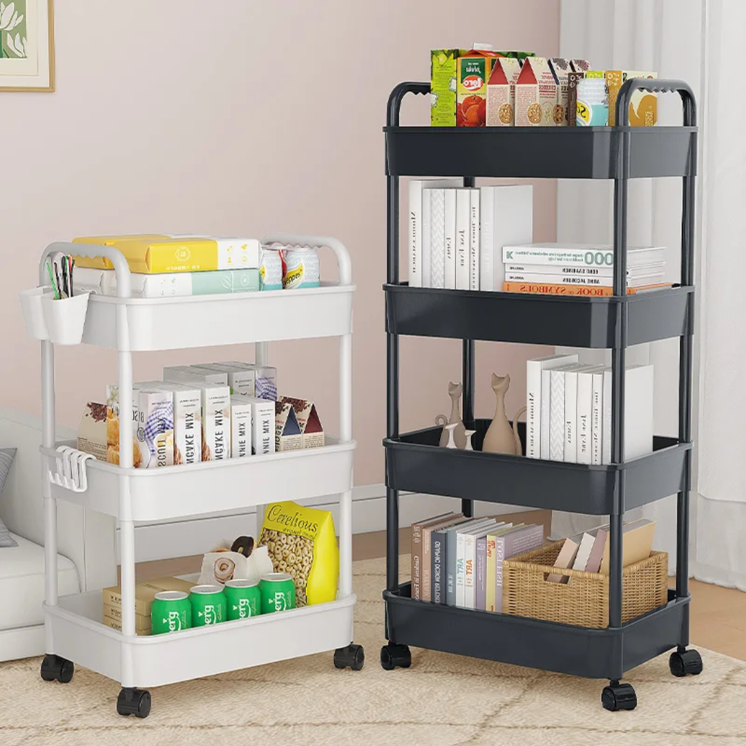 Étagère roulante à 4 niveaux – avec crochets et roues pivotantes