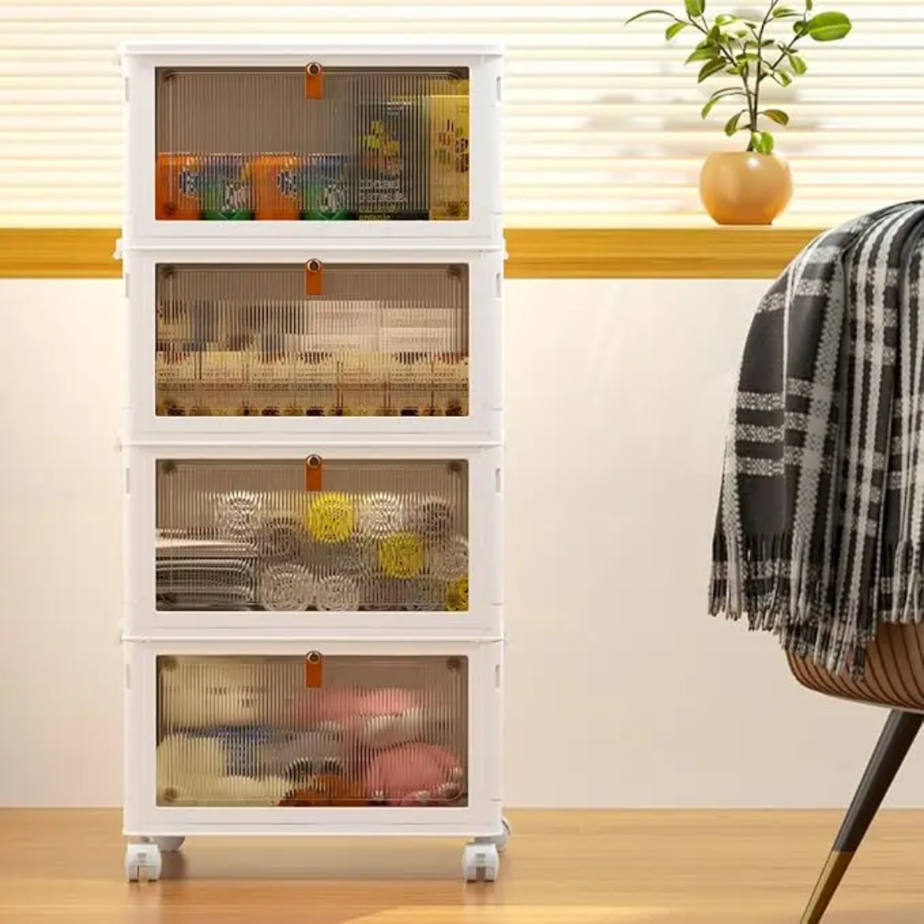 Armoire de rangement empilable à 4 tiroirs avec portes coulissantes et roulettes