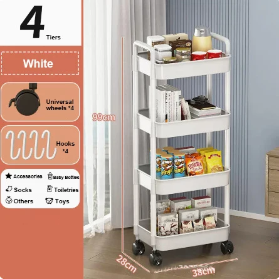 Étagère roulante à 4 niveaux – avec crochets et roues pivotantes