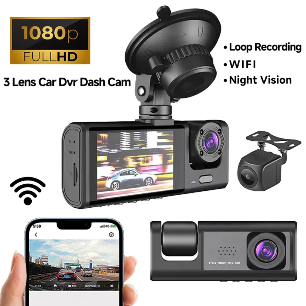 Dash Cam Voiture 3 Lenses – Full HD 1080p avec WiFi & Vision Nocturne