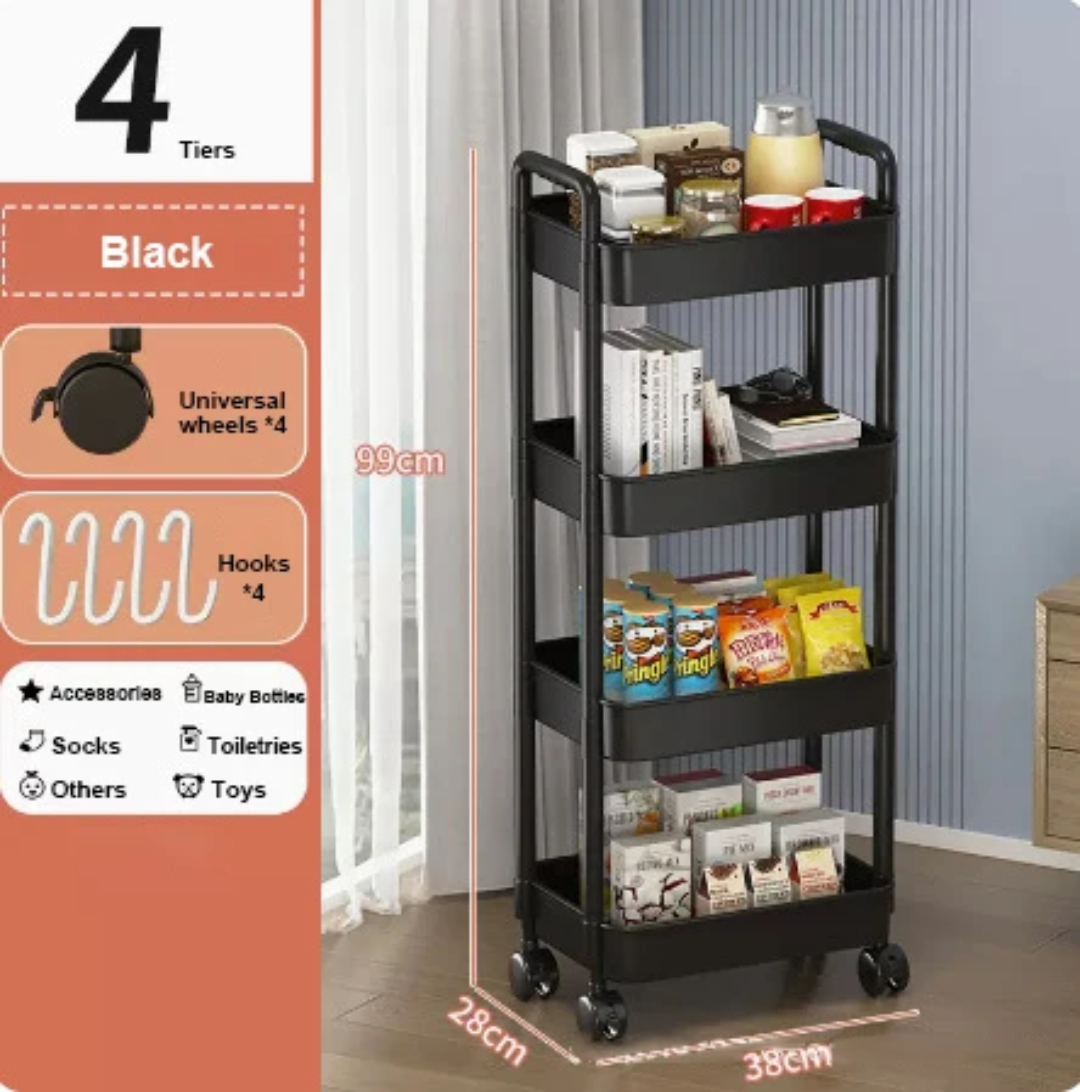 Étagère roulante à 4 niveaux – avec crochets et roues pivotantes